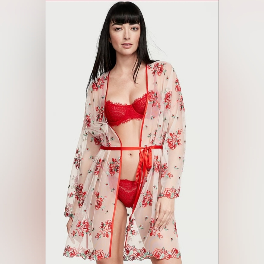 Victoria Secret Floral Lace Kimono Robe - Red Size M/L - Picture 2 of 2